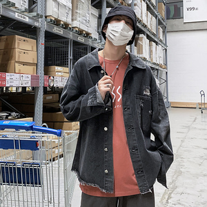 21春季新款男士破洞牛仔外套宽松日系水洗复古牛仔衣K05-P65图片