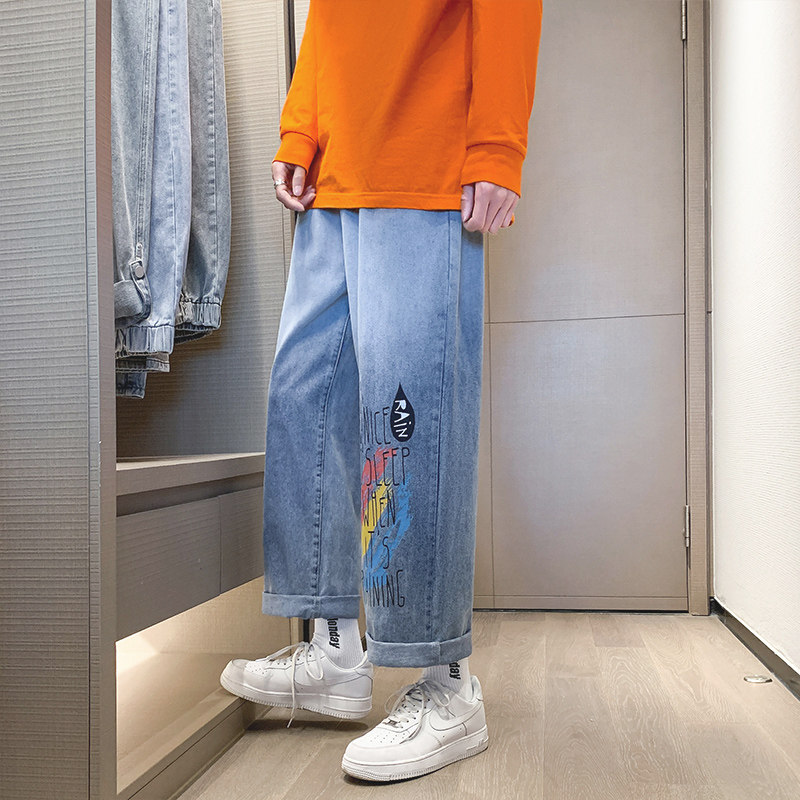 21春季高品质男牛仔裤彩虹字母印花宽松直筒渐变裤图片