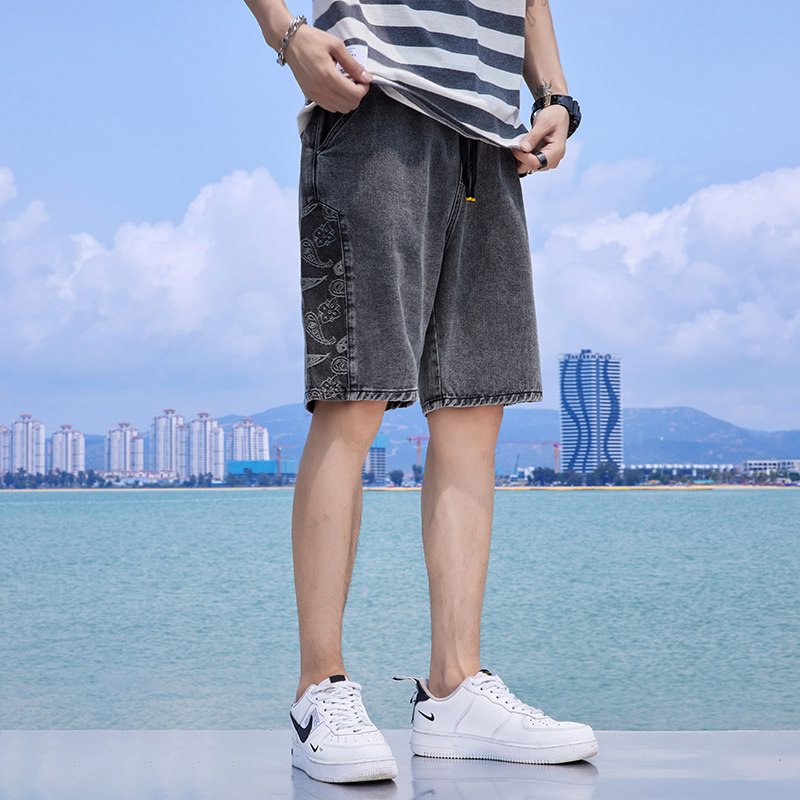 2021年日系风夏季新款港风腰果花工装牛仔短裤,男装牛仔裤,星座1006