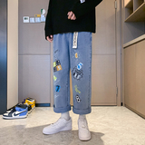 2021秋季新品牛仔裤男嘻哈印花宽松潮流牛仔裤男，男装牛仔裤，星座1006