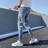 破洞牛仔裤2022夏季薄款弹力男士九分休闲裤子修身小脚K322-P50，商品下架区，星座1006