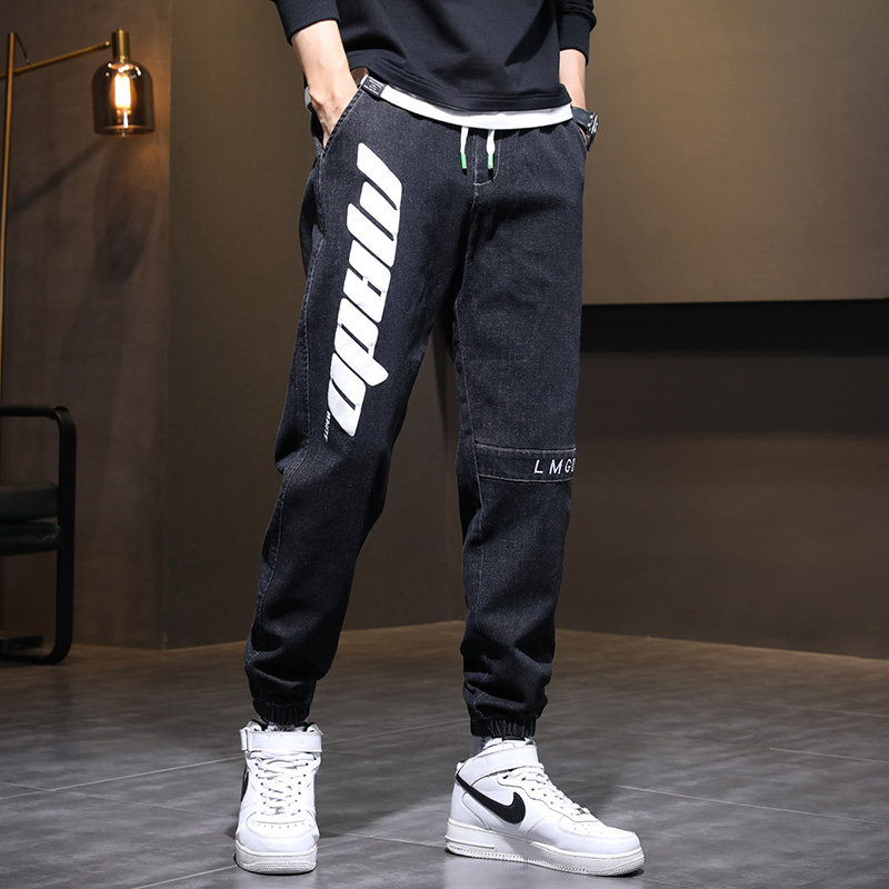 牛仔裤男宽松2021潮牌工装韩版潮流休闲束脚哈伦长裤男图片