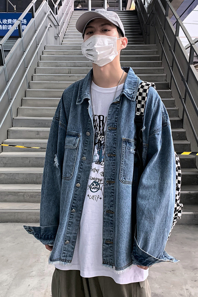 21春季新款男士破洞牛仔外套宽松日系水洗复古牛仔衣K05-P65,男装夹克,星座1006