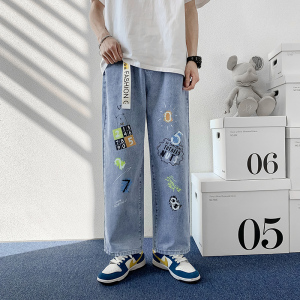 2021春季新品牛仔裤男嘻哈印花宽松潮流牛仔裤男图片
