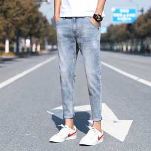 2021夏季潮男青年牛仔裤修身弹力休闲小脚九分牛仔裤男K301-P50,谷蓝帝大衣搭配图片