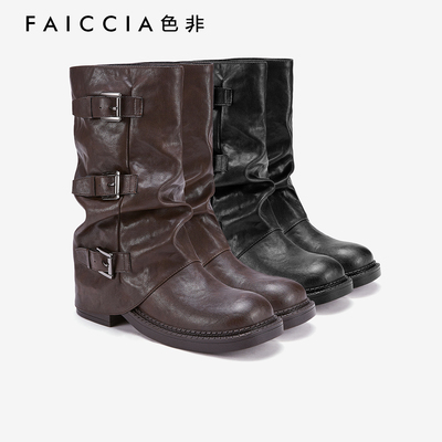 色非废土风堆堆靴骑士靴2025秋新款圆头皮带扣美拉德中筒裤管靴女