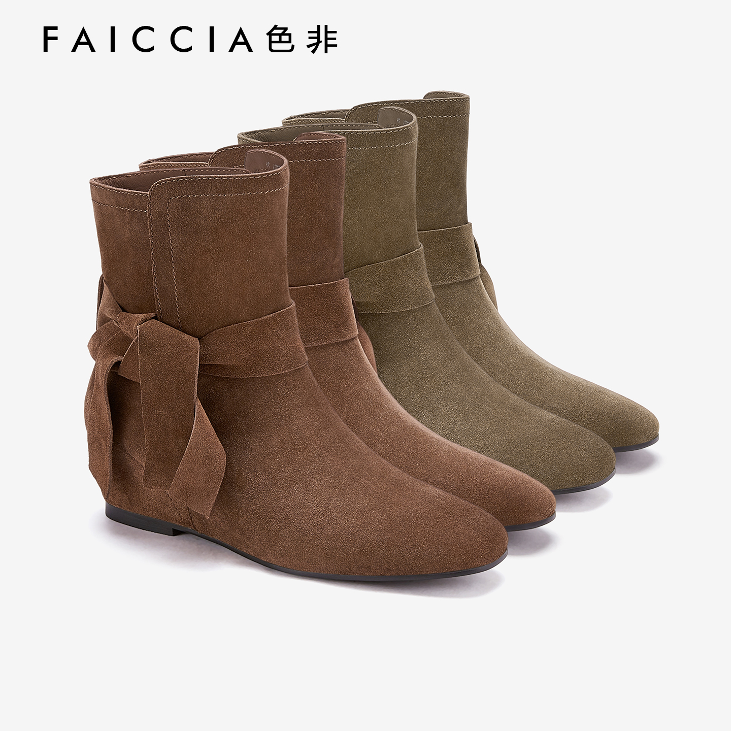 色非设计感绑带内西部牛仔短靴