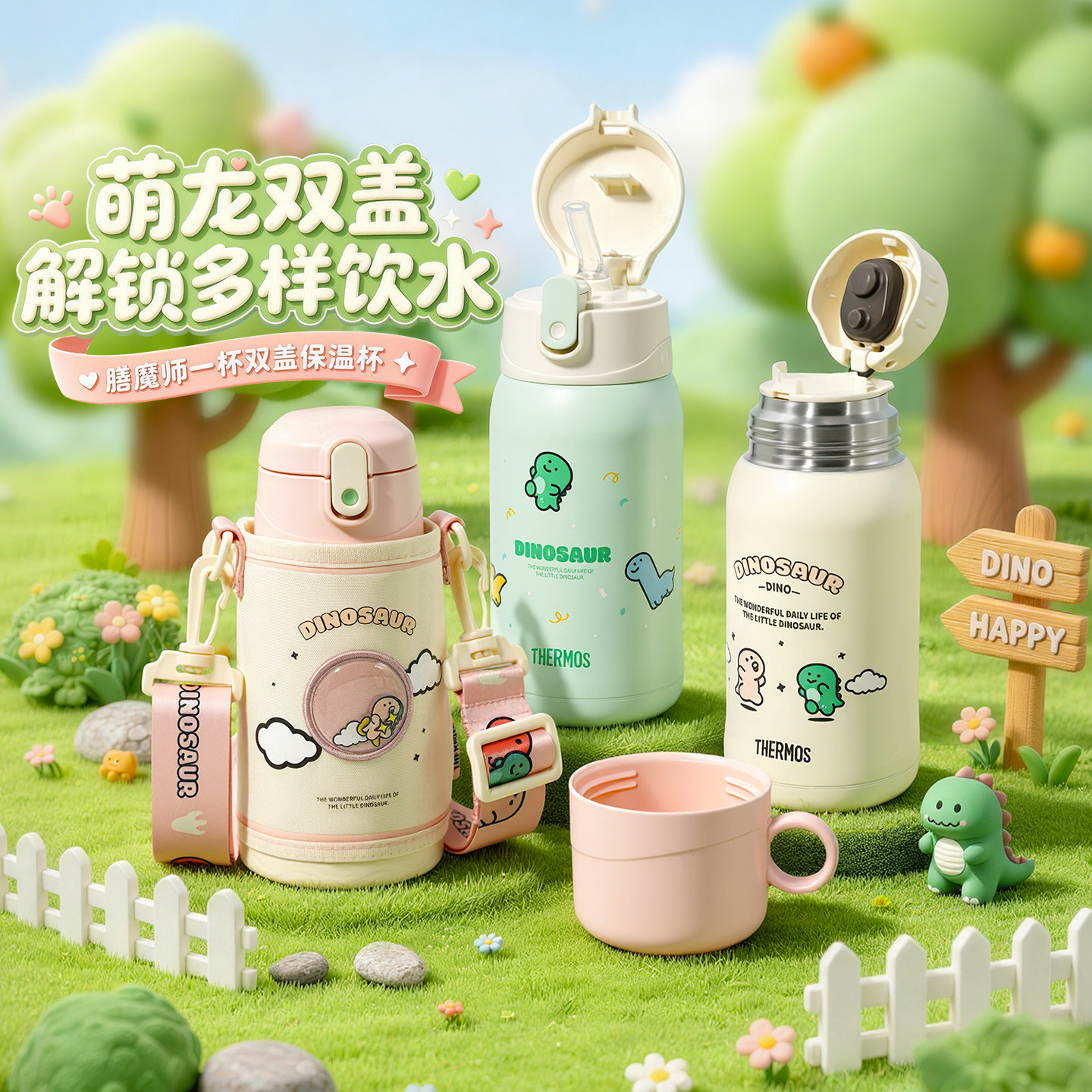 膳魔师儿童保温杯学生上学双盖杯吸管杯直饮杯便携二用大容量水杯