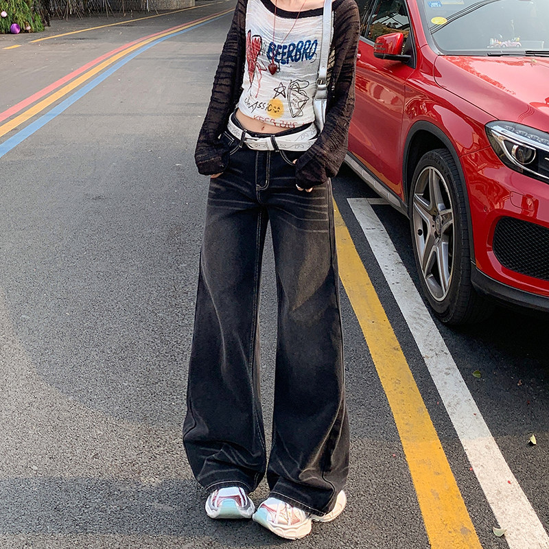 拾蓝黑色微喇牛仔裤女中腰美式复牛仔裤