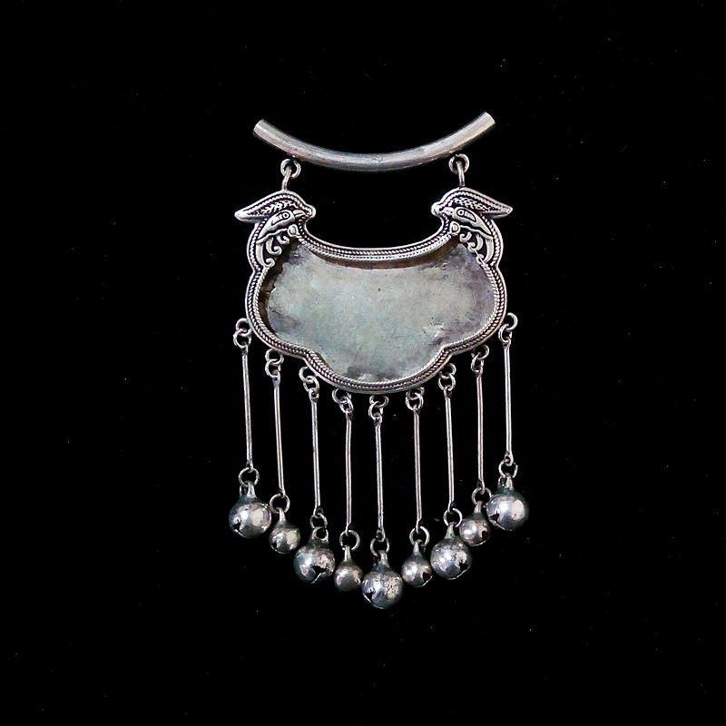 民族风手工苗银diy项坠空托 镶老绣项坠底托 双鸟头锁形流苏空坠