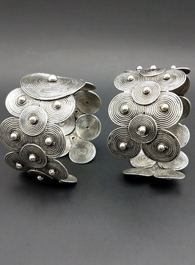 苗银手镯 复古民族丝片开口个性霸气手镯精致简约纯手工工艺品