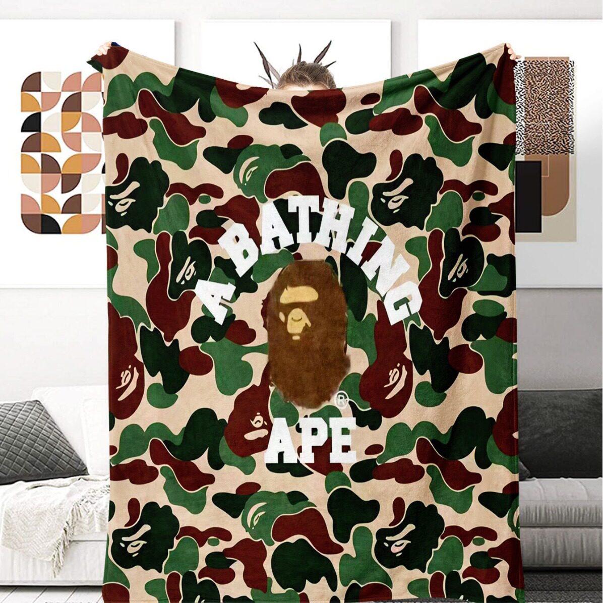 法兰绒创意迷彩猿人头迷彩高清数码印花毛毯保暖盖身午休户外被