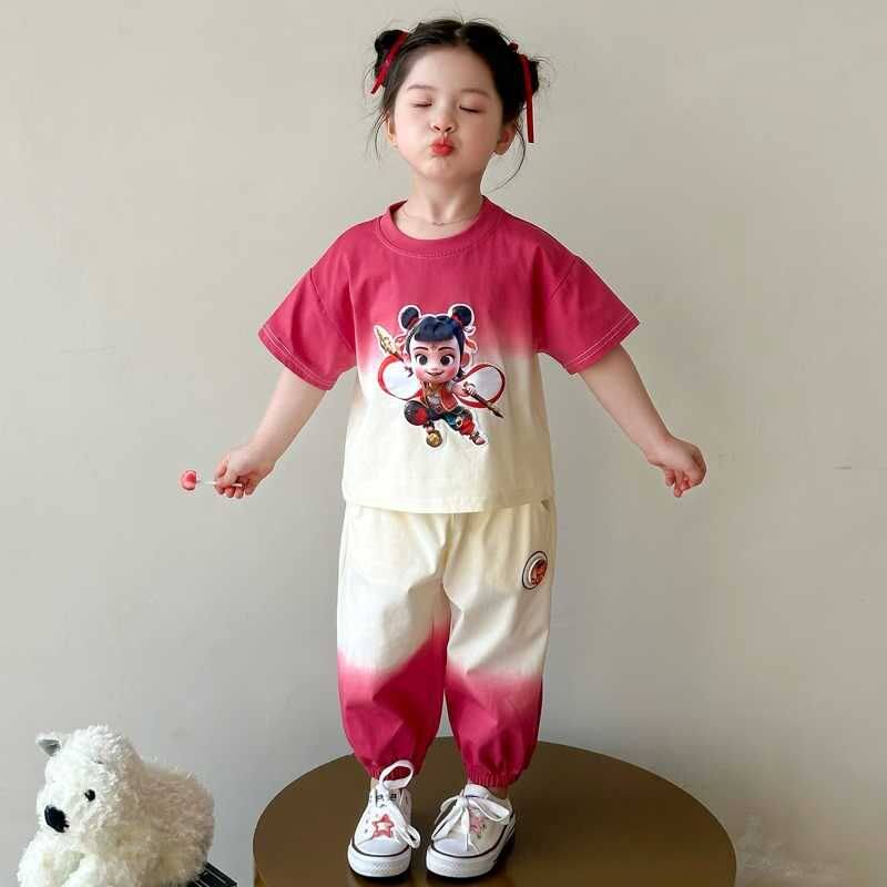 女童夏装渐变卡通运动套装2025新款中小童休闲T恤哈伦裤两件套潮