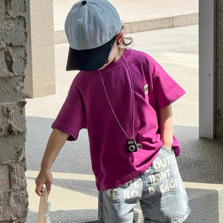 男童中大童玫紫色短袖t恤春夏薄款时髦洋气撞色字母儿童时尚上衣