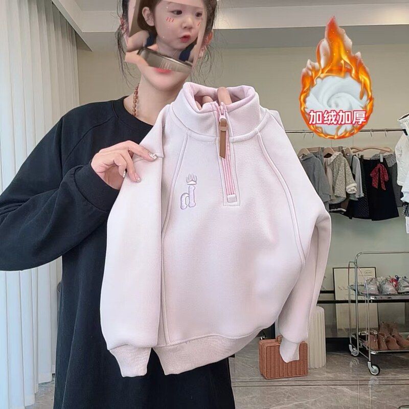 新款加绒加厚冬季保暖外套休闲风男童女童宽松拉链上衣卫衣亲子装