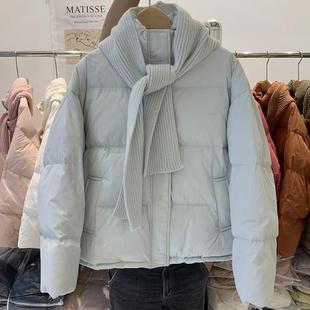 2024韩系马卡龙色立领白鸭绒加厚宽松羽绒服女针织围巾帽冬季外套
