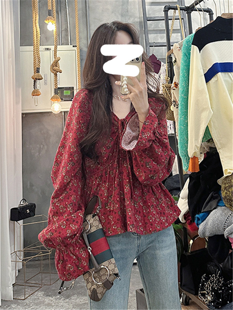 微胖mm韩系ins风文艺复古小碎花红色喇叭袖收腰显瘦抽绳设计衬衫