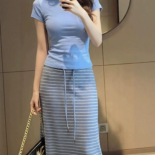 夏季条纹两件套女修身高级感