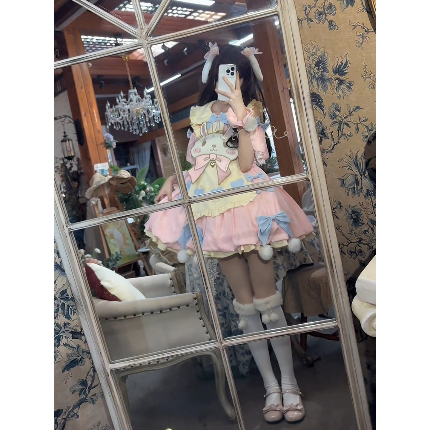 粉色可爱兔兔长袖lolita连衣裙