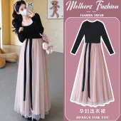 网纱裙中长款 潮妈蝴蝶结拼接长袖 女 韩版 孕妇连衣裙春秋夏2026新款