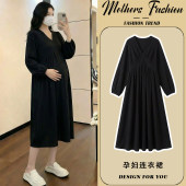 高级感v领宽松遮肚不显怀中长款 孕妇黑色连衣裙春秋2026新款 法式