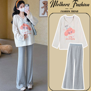 孕妇套装春夏2026新款时尚孕妈宽松连帽印花长袖上衣裤子两件套女