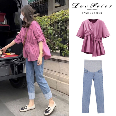 孕妇套装宽松娃娃衬衫牛仔长裤夏