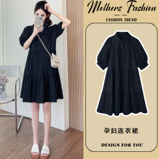 衬衫 孕妇连衣裙夏季 遮肚小个子中长款 黑色翻领短袖 A字裙 2026新款