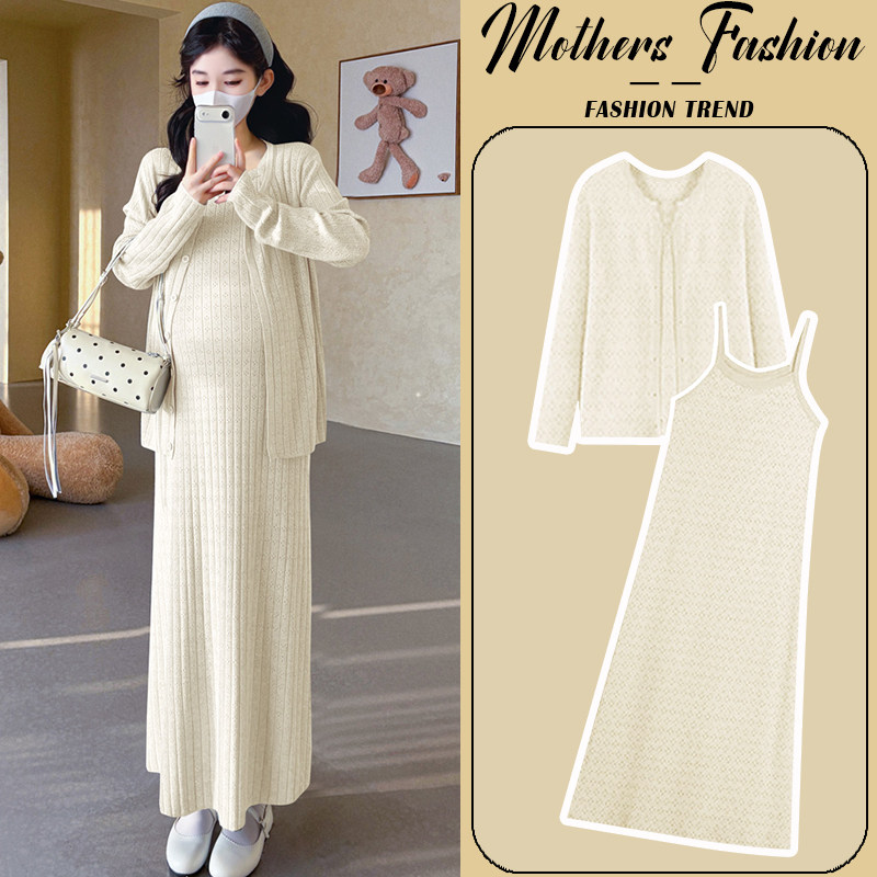 孕妇连衣裙套装春秋2026新款高级感镂空坑条针织开衫吊带裙两件套,孕妇装/孕产妇用品/营养,连衣裙,淘宝优惠券,粉丝福利购,淘宝优惠卷