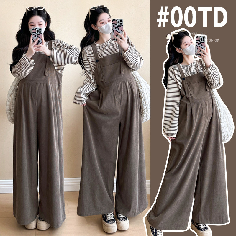 孕妇套装春秋2026新款韩版休闲灯芯绒背带裤条纹针织T恤两件套女