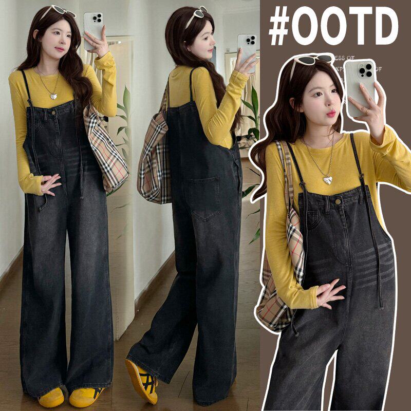 孕妇套装春秋2026新款时尚复古减龄百搭直筒牛仔背带裤上衣两件套