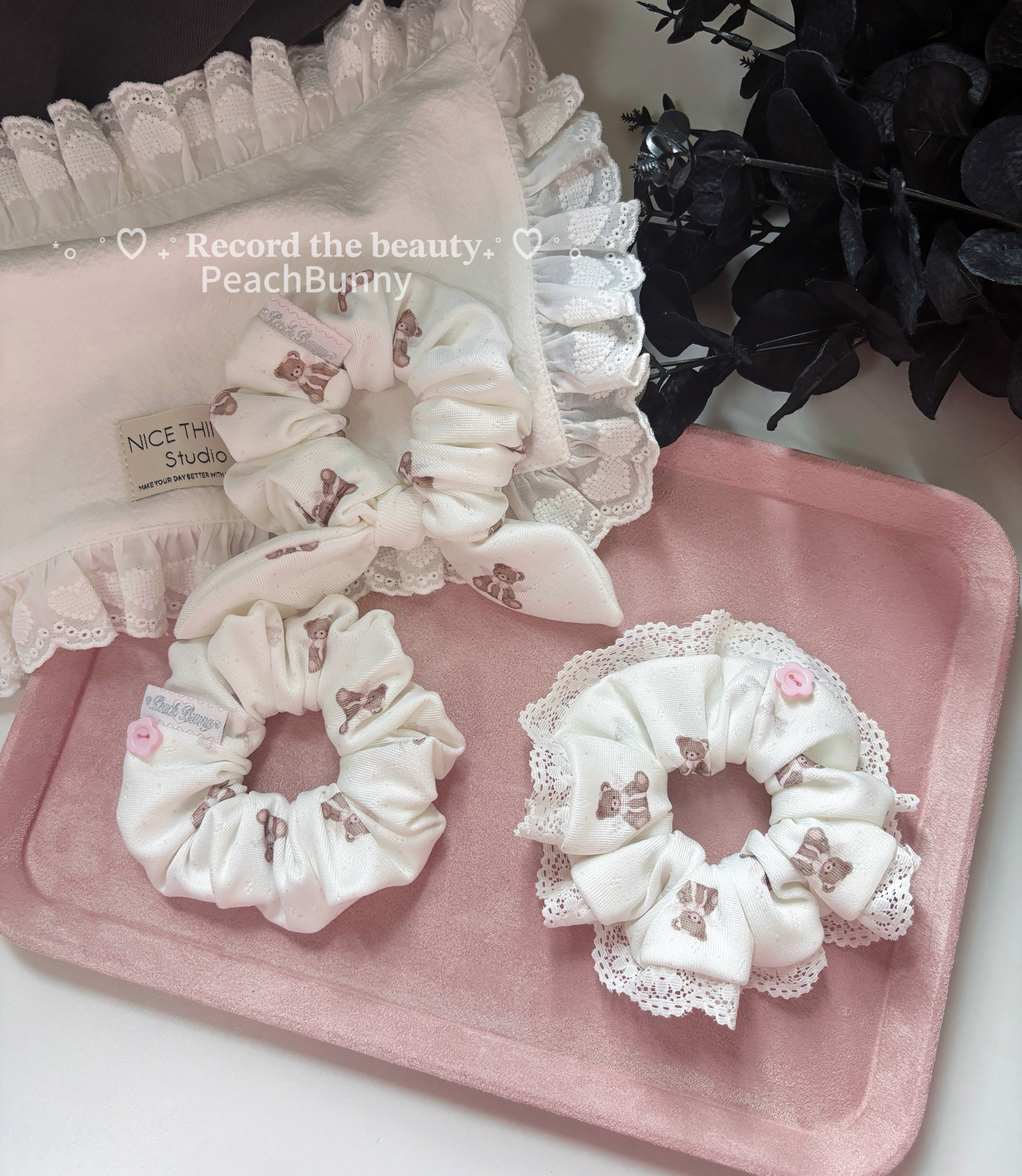 PeachBunny原创自制天使小熊蕾丝花边兔耳朵大肠发圈发饰头绳头饰图片