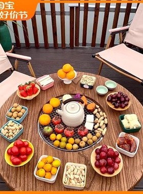 老榆木围炉煮茶桌户外庭院圆桌火锅桌烧烤桌家用茶台实木阳台餐桌