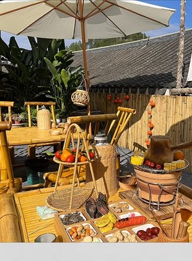 围炉煮茶老式竹桌椅火锅店靠背椅小竹椅户外庭院农村竹椅子竹凳子