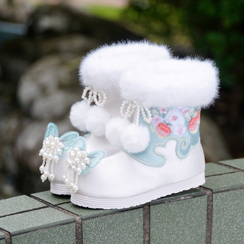 冬季古风汉服靴子女童绣花棉鞋唐装国风古装加绒厚儿童宝宝雪地靴