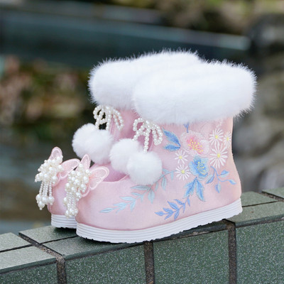汉服鞋女童冬季古装唐装宝宝加绒儿童绣花靴子加厚棉鞋短靴中国风