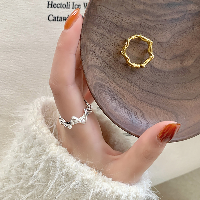 韩版S925纯银高级感不规则纹理戒指女黄金色波浪冷淡风食指环饰品