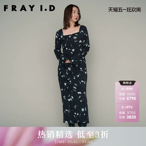 FRAY I.D秋冬优雅方领印花收腰开叉连衣裙FWFO235020