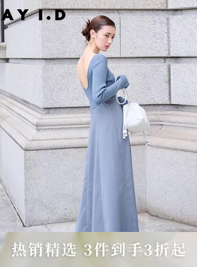 FRAY I.D秋冬优雅U型露背长袖针织拼接连衣裙FWNO234122