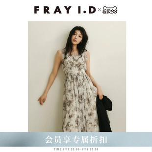 FRAY I.D2026早秋新品优雅时尚印花V领无袖收腰连衣裙FWFO264013