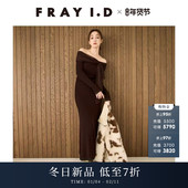 FRAY I.D2025秋冬新品 优雅一字肩薄纱拼接针织连衣裙FWNO255087