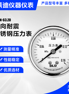 北京布莱迪 轴向不锈钢压力表YTH(N)-063.ZO (充油耐震)水/气/液