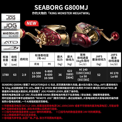 达亿瓦 DAIWA 24款 SEABORG G800MJ电动轮船钓手持电绞轮 水滴轮