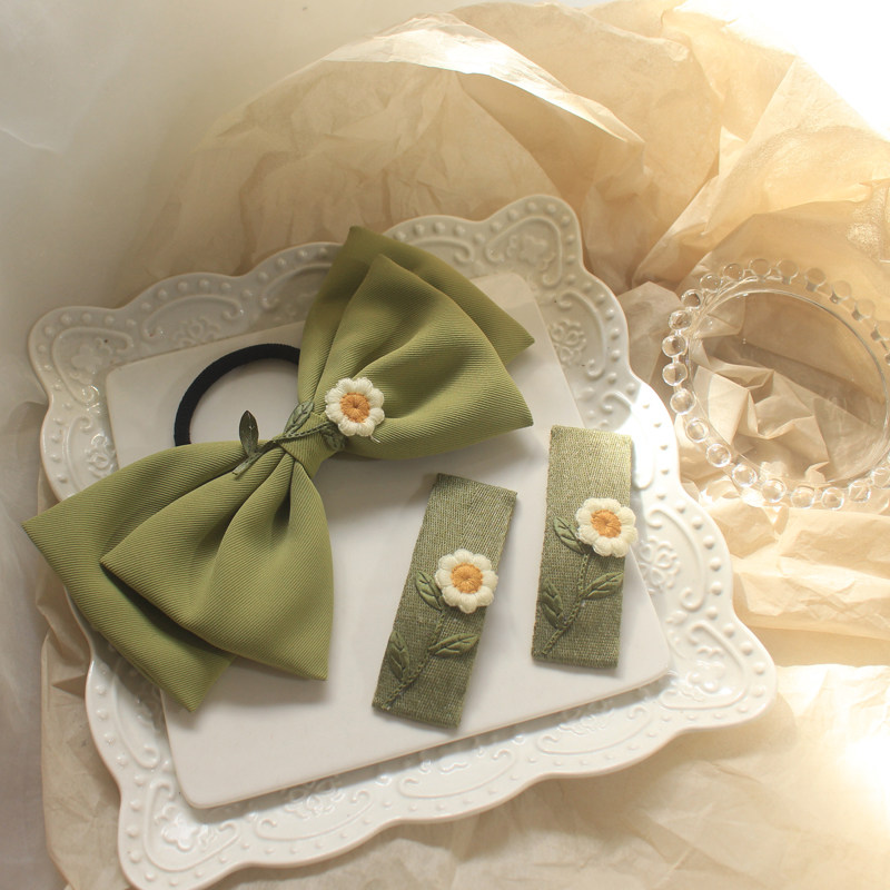 芥末绿小白花花简单可爱发圈 刺绣花朵发饰