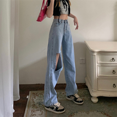 Real price high waist versatile hole light blue straight tube loose Wide Leg Jeans Pants