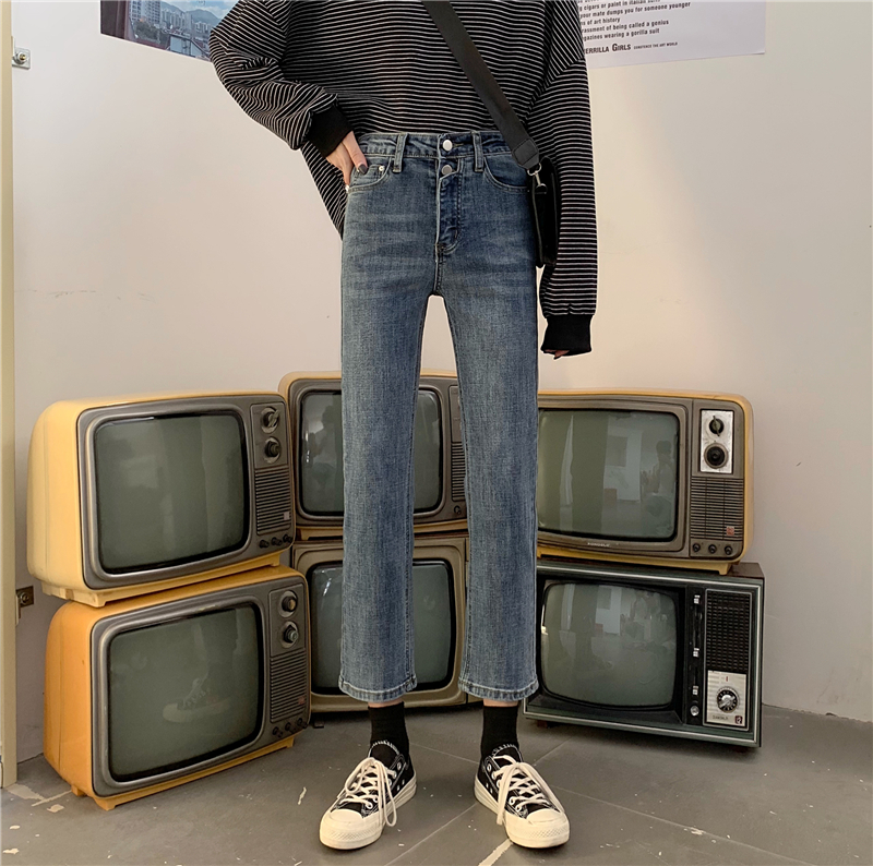 Korean high waist and slim straight tube jeans Capris