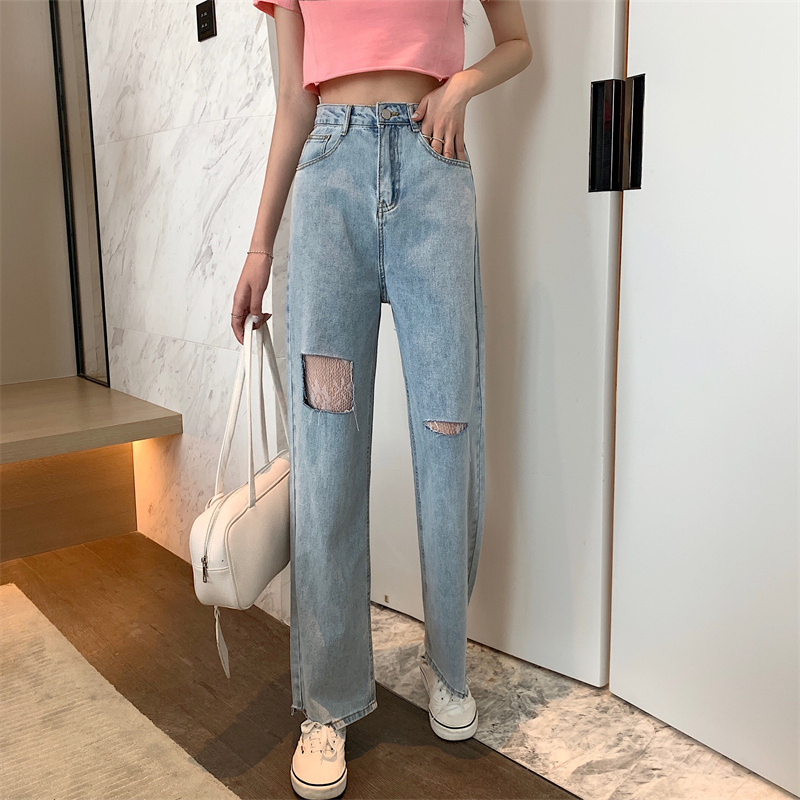 Real shot real price hole high waist straight tube versatile casual wide leg jeans pants women's summer