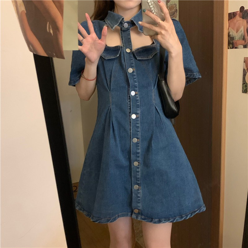 Real shot real price retro color Korean version shows thin temperament hollow out Lapel denim dress