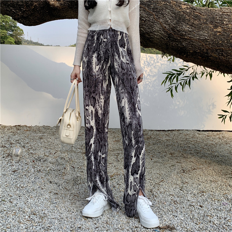 Real price tie dyed white snake pattern, slim and versatile, wide leg, loose, high waist, straight tube, split pants for women