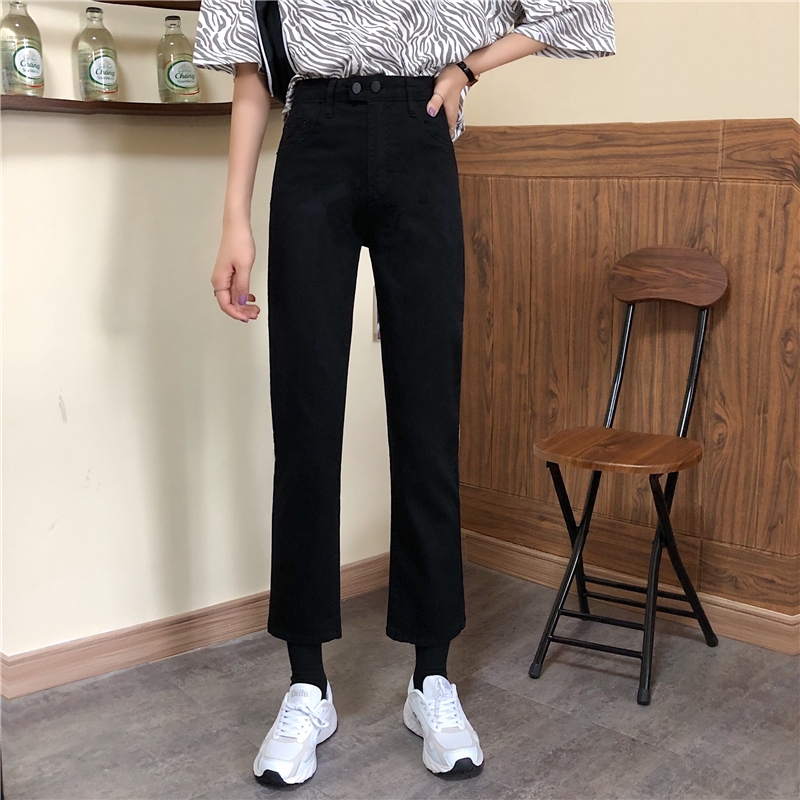 Black jeans pants with high waist and straight tube